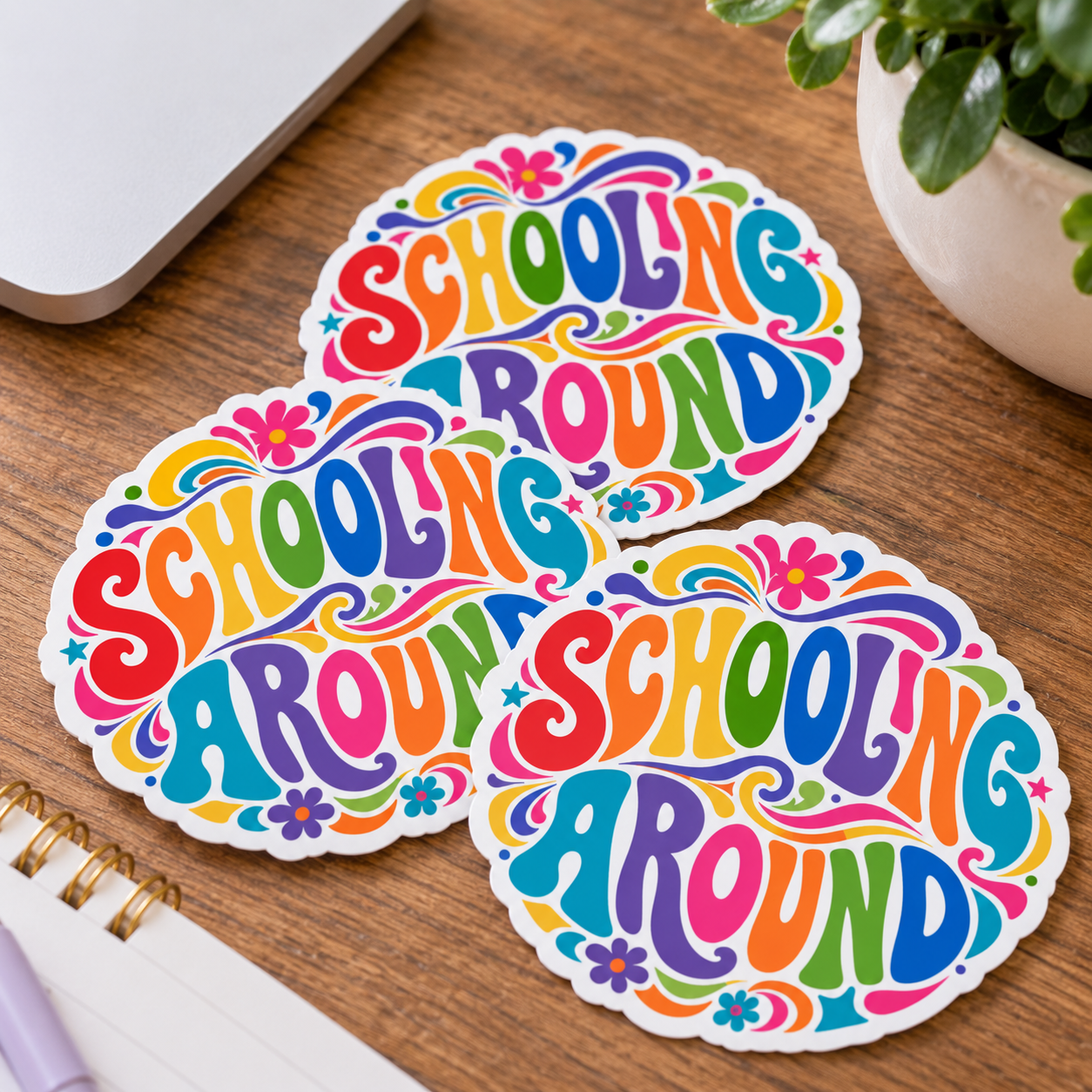 Set of three Schooling Around stickers